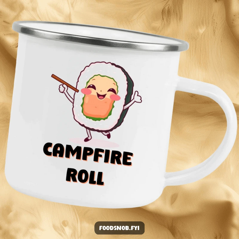 Funny Camping Mug with a smiling sushi roll character dancing with chopsticks. Perfect for outdoor dining.