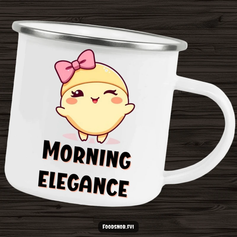 Funny camping mug showing a croissant character winking and bowing, adding a touch of elegance and humor to outdoor drinks.