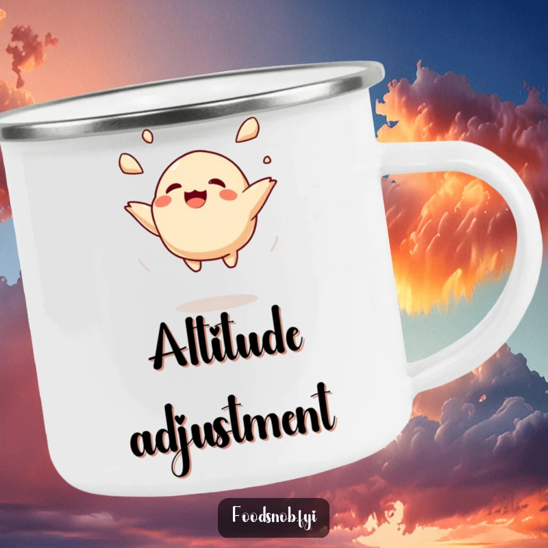 Funny camping mug with a playful dumpling character tossed mid-air, perfect for adventure and a good laugh outdoors.