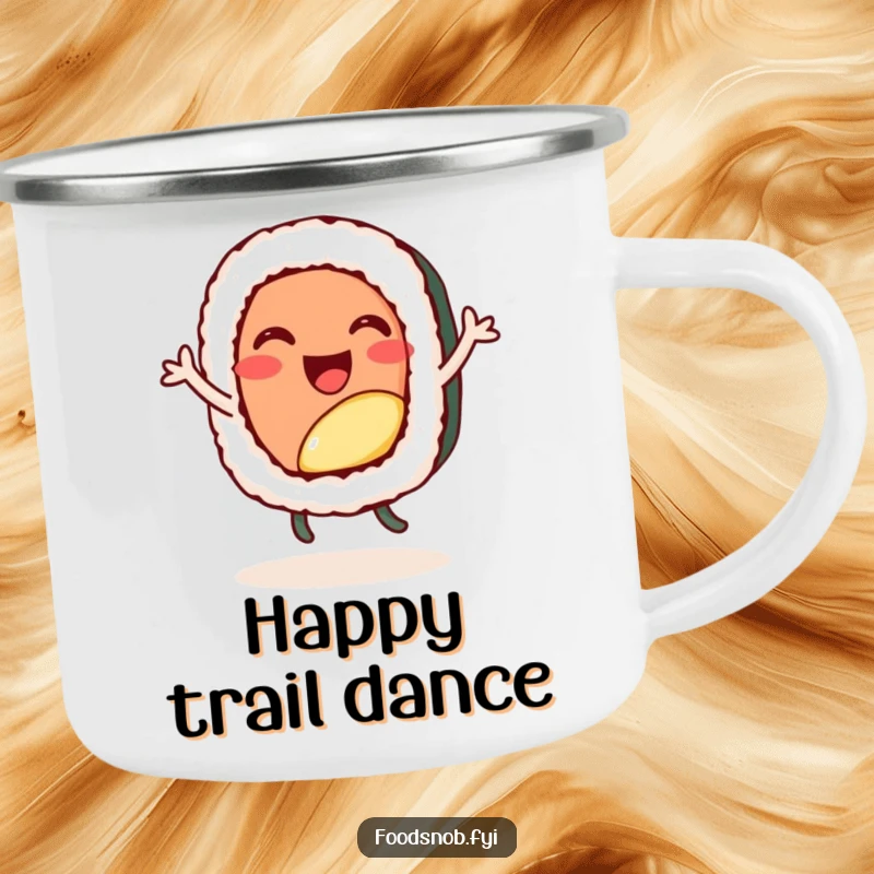 Funny enamel camping mug, a cheerful sushi roll character doing a happy little dance, perfect for outdoor use.