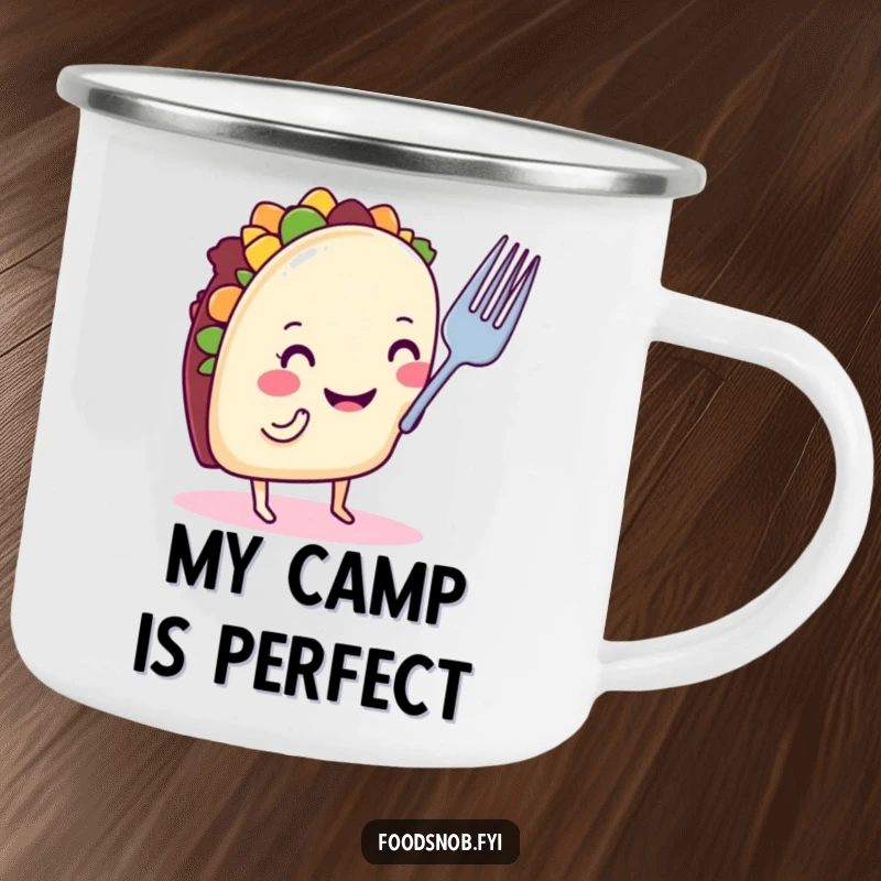 Funny taco camping mug with a smiling taco on tiny legs, nose-critiquing a small fork, perfect rugged humorous gift.