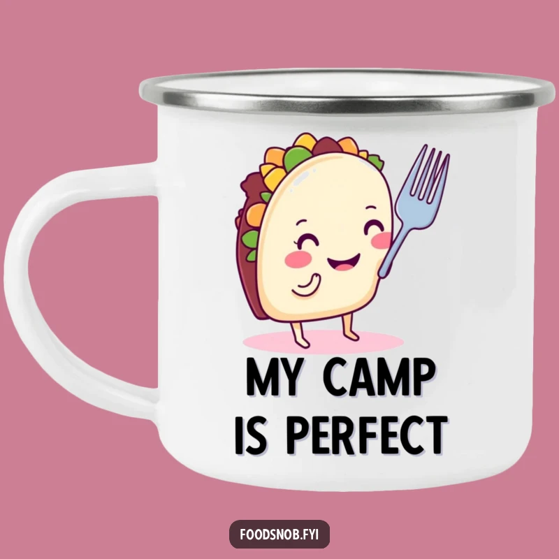 Funny Taco Critiquing Fork Camping Mug: Rugged & Hilarious Outdoor Gift
