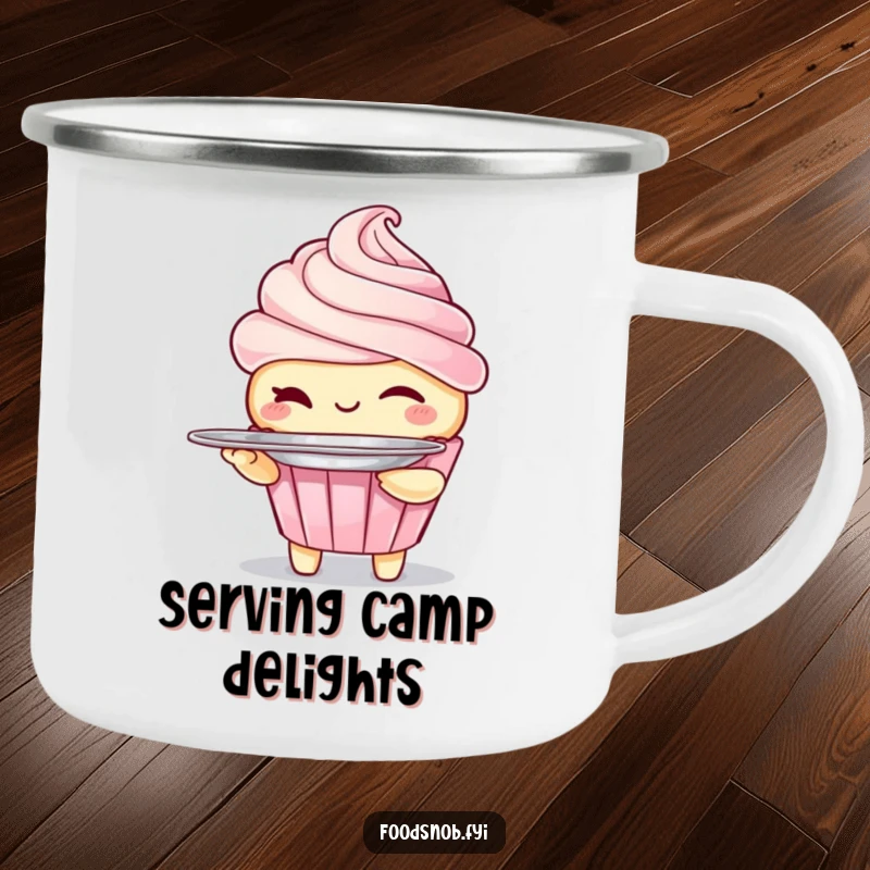 Funny camping mug featuring a winking cupcake character holding a small platter, perfect for outdoor treats. A humorous dessert companion.
