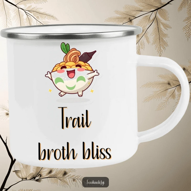 Funny enamel camping mug with a bubbly ramen bowl character bouncing with enthusiasm, ideal for outdoor enjoyment.
