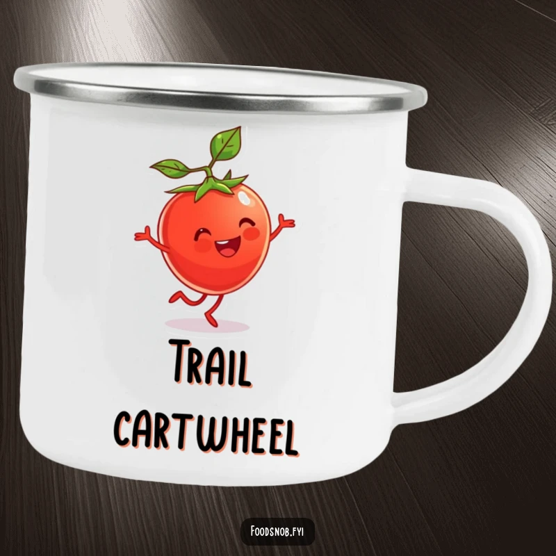 Funny Camping Mug with a cherry tomato character doing a cartwheel. Perfect for outdoor activities.