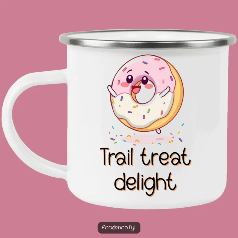 Funny Donut Spinning Camping Mug: Delighted Sprinkle Character Outdoor Joy