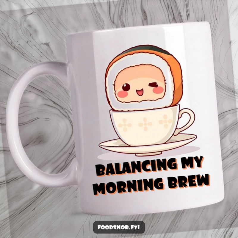 Funny Mug showing a beaming sushi slice with a determined expression attempting to balance a tiny teacup on its top.