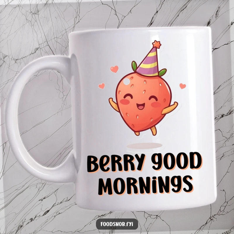 Funny Mug: A delighted, cartoon strawberry is joyfully spinning around wearing a tiny, colorful party hat, exuding pure happiness.