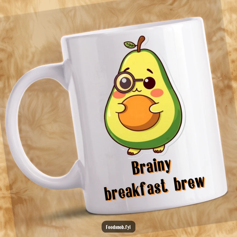 Funny ceramic mug, a plump avocado character wearing a tiny monocle, looking thoughtful, perfect for coffee lovers.
