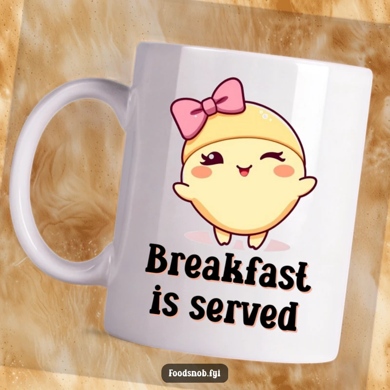 Funny mug showing a croissant character winking and performing a stylish bow, exuding charm and a touch of flair.
