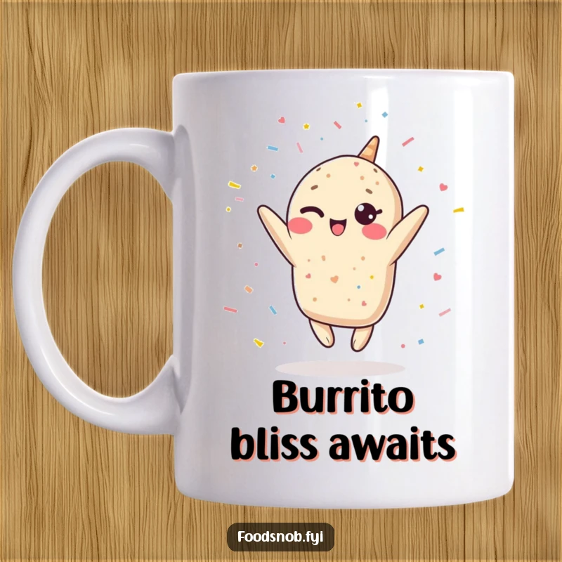 Funny Kawaii burrito mug, winking and leaping upwards, showering confetti, bringing a festive and humorous vibe.