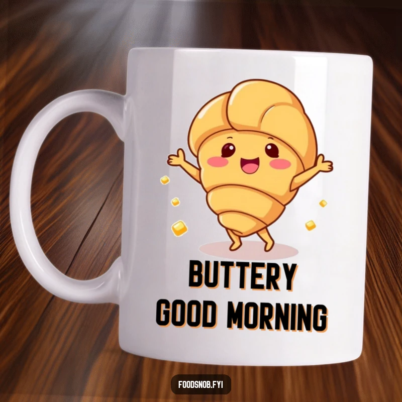 Funny mug with a happy croissant character joyfully dancing alongside small pats of butter, celebrating breakfast.