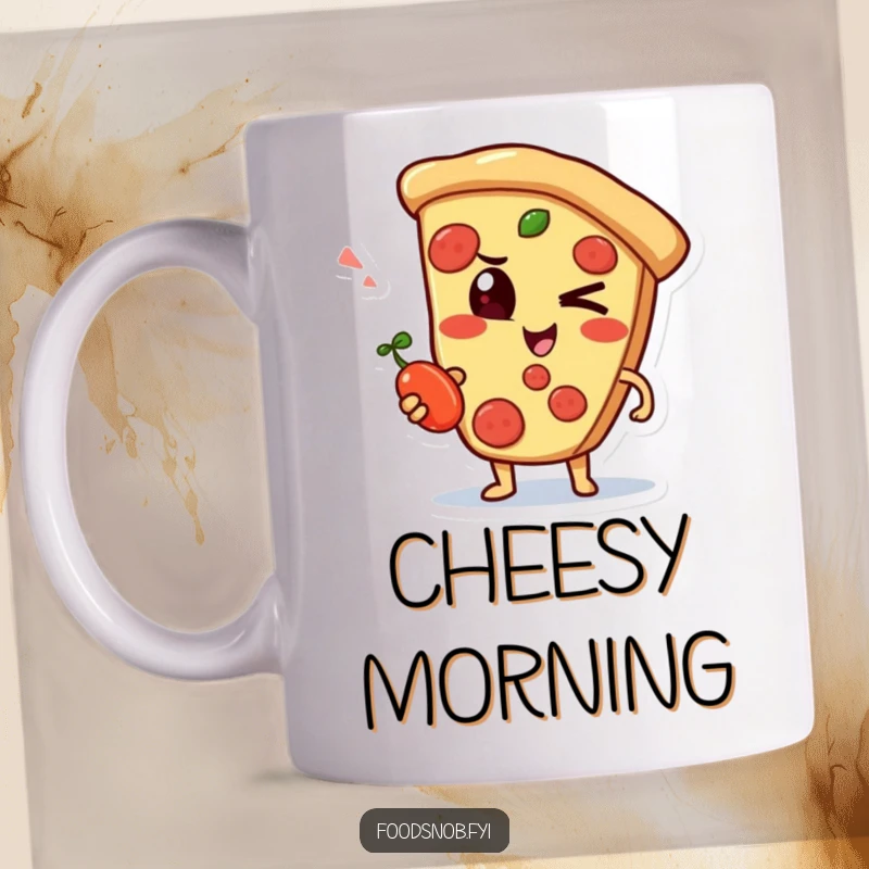 Funny mug with a mischievous pizza slice character winking confidently while holding a small pepperoncini.