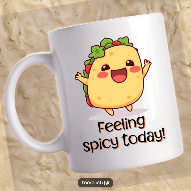 Funny mug featuring an excited taco doing a playful little hop upwards, embodying pure joy and deliciousness.
