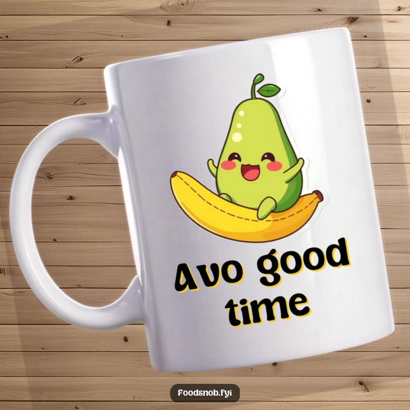 Funny Avocado Mug: An anthropomorphic avocado gleefully sliding down a banana peel, a comical kitchenware item.