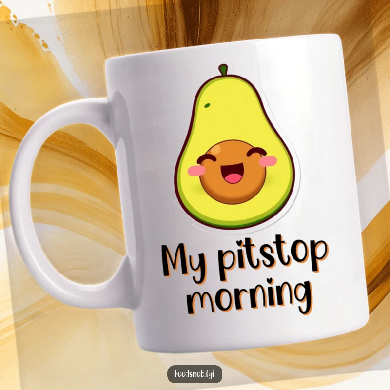 Funny mug showing a smiling avocado character, its pit serving as a face, splitting open with pure glee.