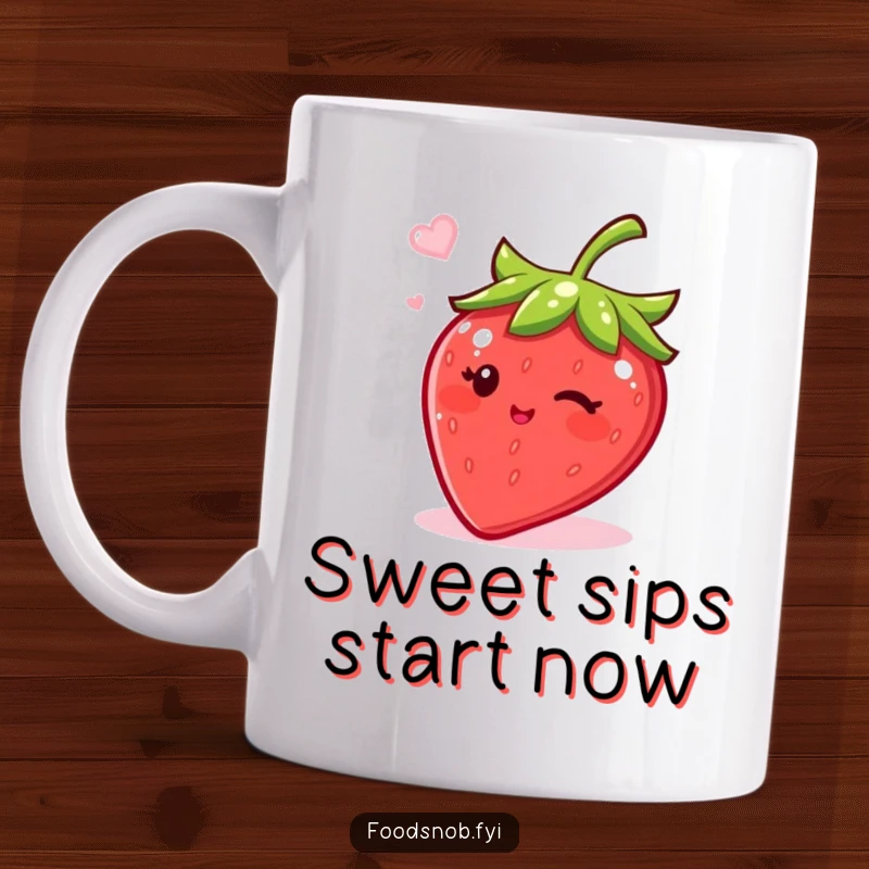Funny mug featuring a bubbly strawberry character winking playfully with a sprinkle of sugar, perfect for a sweet and humorous gift.