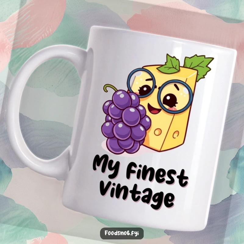 Funny mug with a sophisticated cheese wedge wearing a monocle, inspecting a tiny grape with a look of pure delight and amusement.