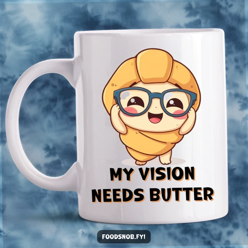 Funny Mug: A giggling croissant with a funny expression attempts to put on small, round spectacles, a whimsical and adorable scene.