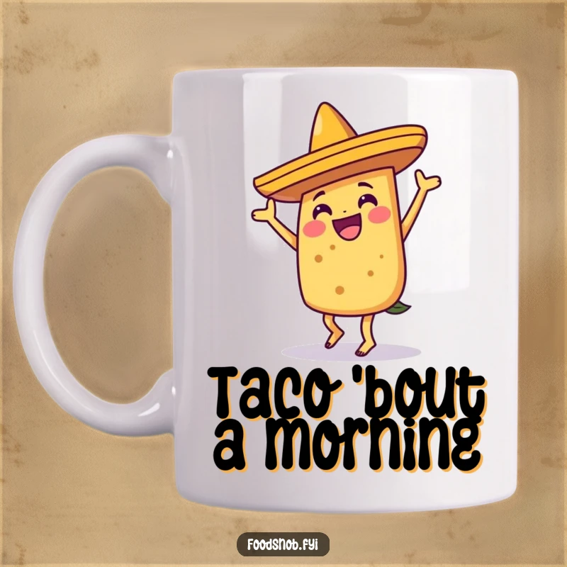 Funny joyful taco character doing a silly dance while wearing a sombrero, a hilarious and festive scene on this mug.