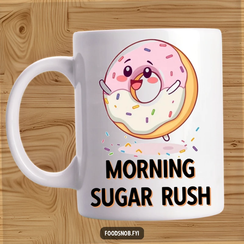 Funny delighted donut character spinning joyfully on its colorful sprinkles, featured on a fun coffee mug.