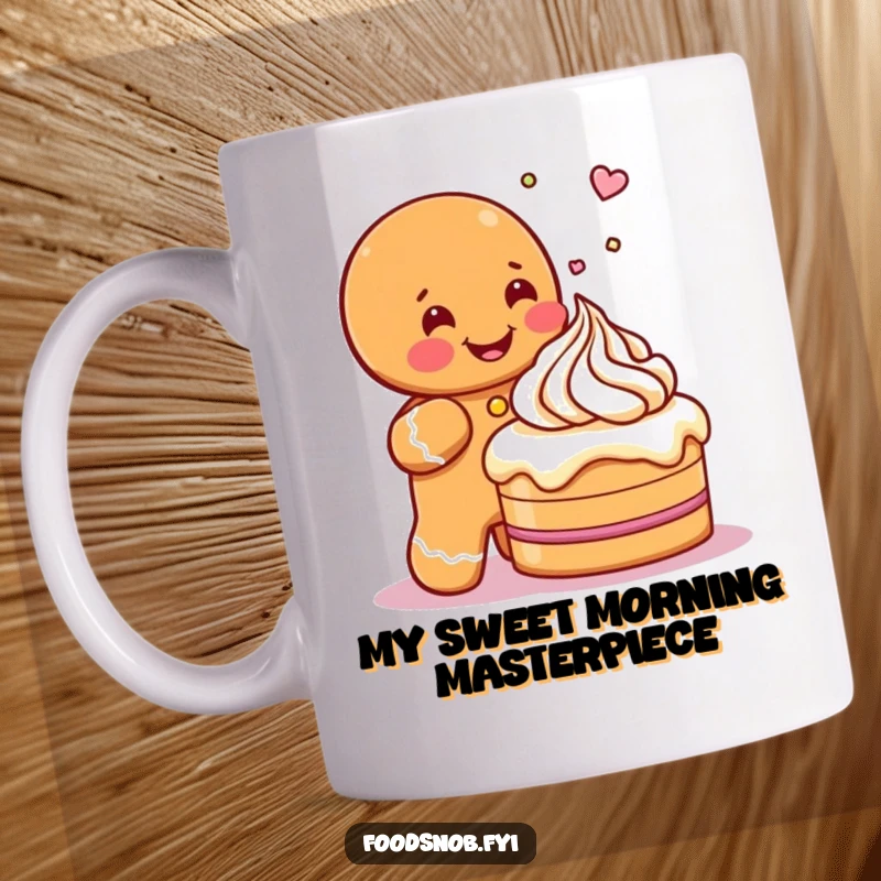 Funny mug featuring a gleeful gingerbread man character joyfully sprinkling icing onto a tiny, delicious cake, embodying holiday baking fun.