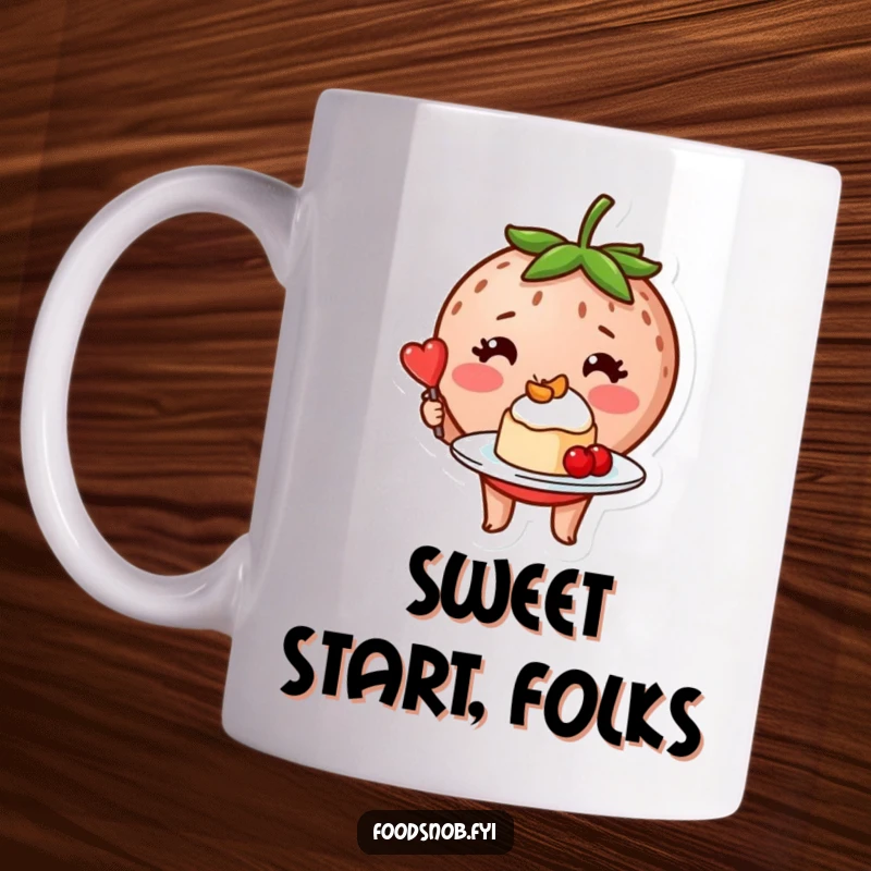 Funny blushing strawberry character proudly presenting a tiny, exquisitely plated dessert on a mug.
