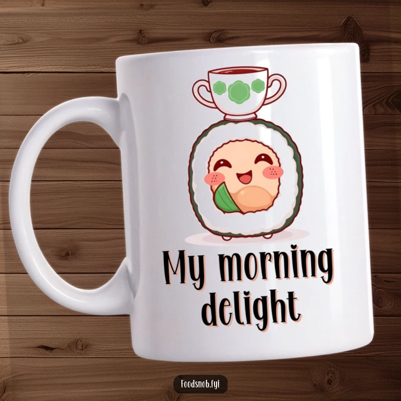 Funny mug of a smiling sushi roll character happily balancing a tiny teacup on its head, looking serene.