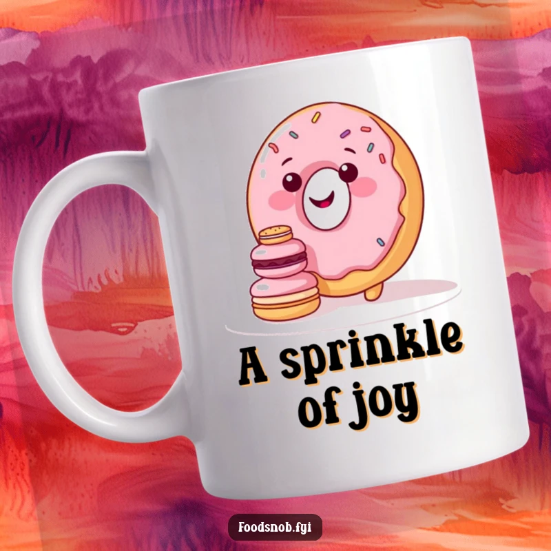 Funny mug showing a smiling donut character with sprinkles attempting to perfectly stack tiny macarons with great excitement.