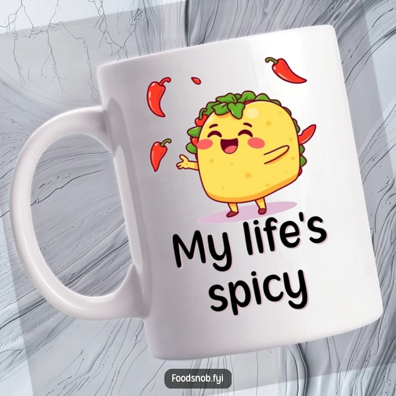 Funny mug featuring a happy taco character energetically juggling small, red chili peppers with a joyful expression.