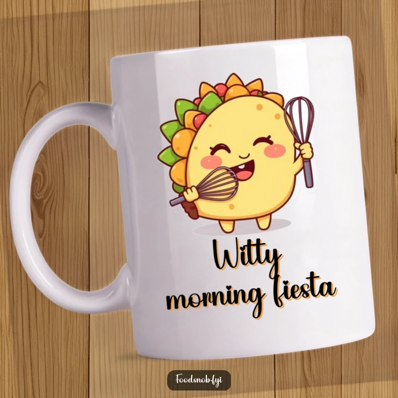 Funny ceramic mug, a smiling taco character winking playfully while holding a tiny whisk, ready to cook.
