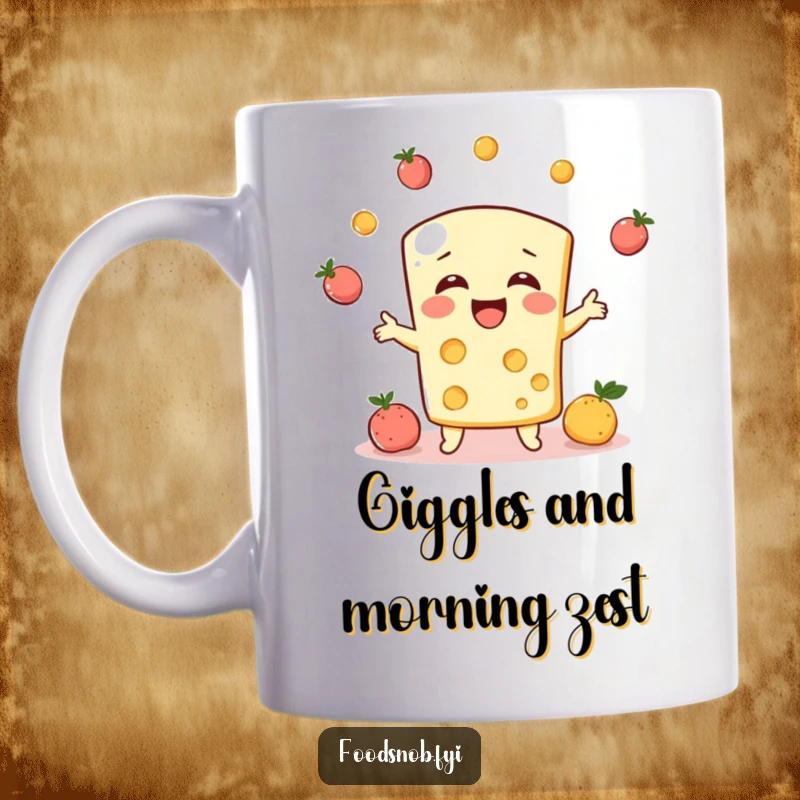 Funny ceramic mug, a bubbly cheese character giggling while juggling tiny fruits, radiating pure amusement.