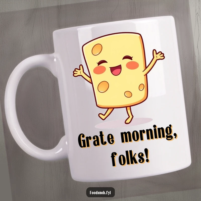 Funny mug featuring a smiling cheese slice doing a happy jig, embodying cheesy delight and pure happiness.