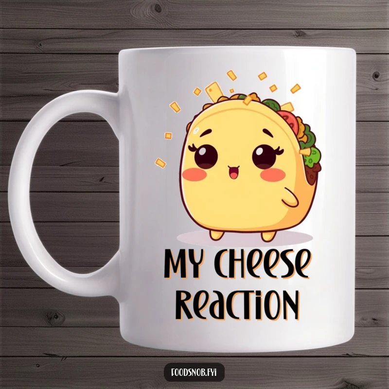 Funny mug with a surprised kawaii taco under a gentle shower of tiny cheese shreds, a comical and relatable foodie delight.