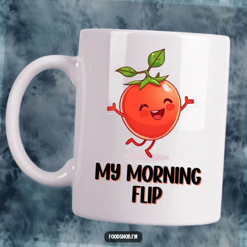 Funny Mug featuring a beaming cherry tomato character with tiny legs performing a cheerful cartwheel.