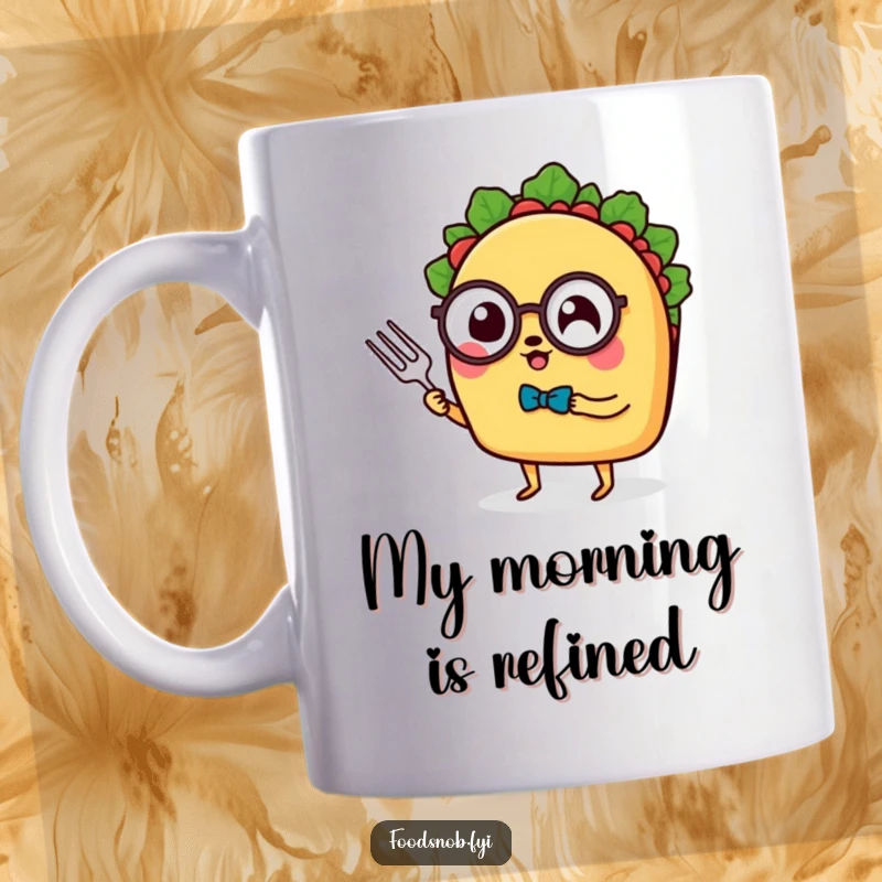 Funny Mug: A taco with tiny legs, monocle, and fork, looking sophisticated and ready to eat, perfect for a funny gift.