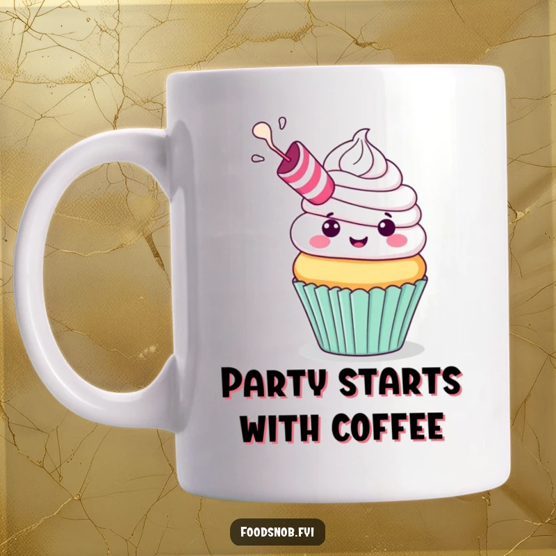 Funny Mug: A cheerful cupcake with a party blower exhaling frosting, symbolizing celebration and sweet humor, perfect for a funny gift.