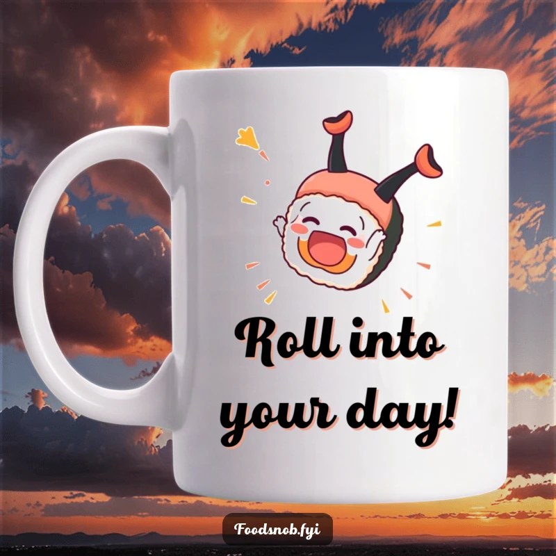 Funny Sushi Mug: An overjoyed sushi piece performs a celebratory somersault with pure delight.