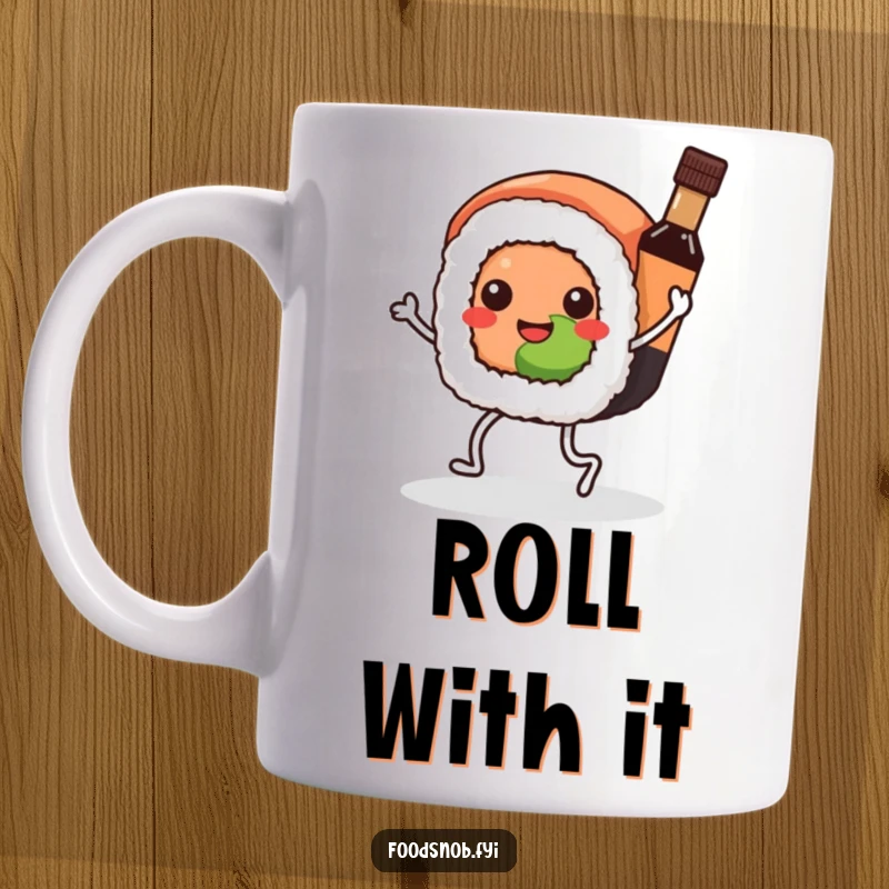 Funny Kawaii sushi roll mug, happily dancing with legs and a tiny soy sauce bottle, bringing joy and humor.