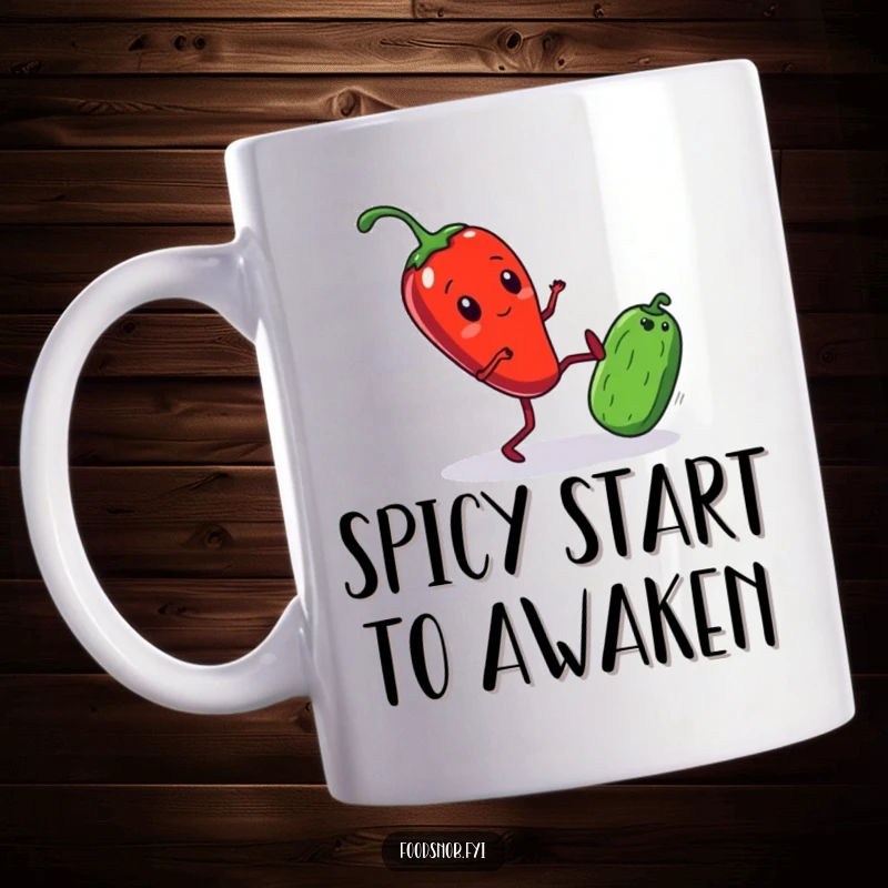Funny Mug illustrating a vibrant red chili pepper with tiny legs comically kicking a small cucumber, showing a playful food fight.