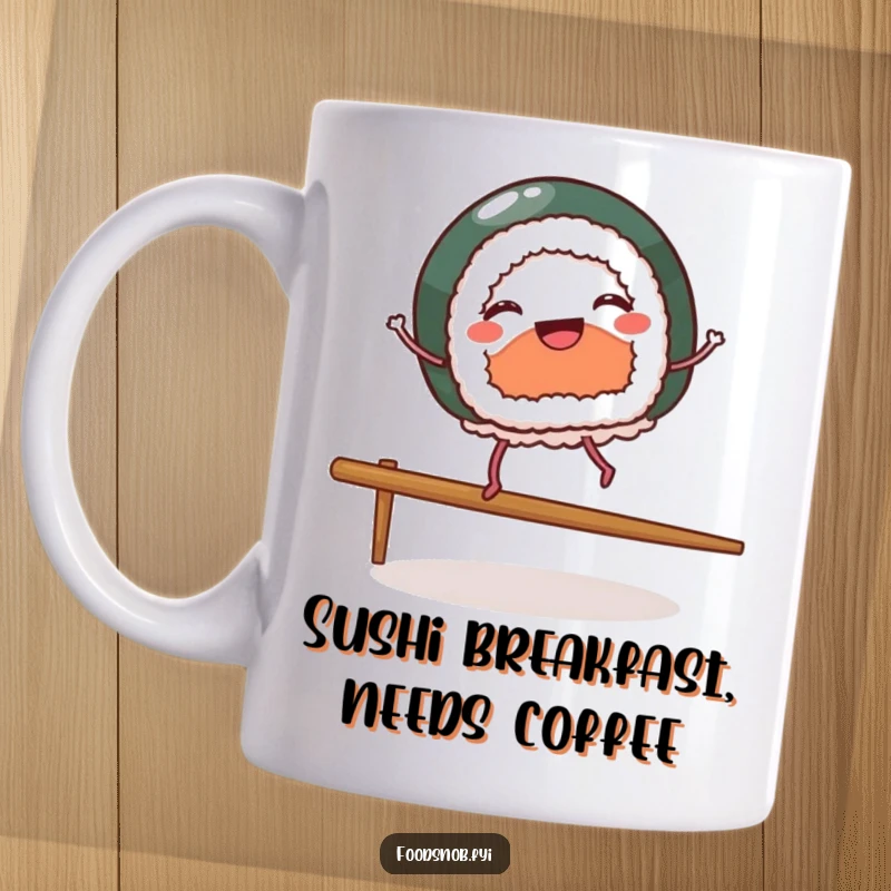 Funny mug featuring a cheerful sushi piece with tiny legs dancing happily on a chopstick, celebrating culinary fun.