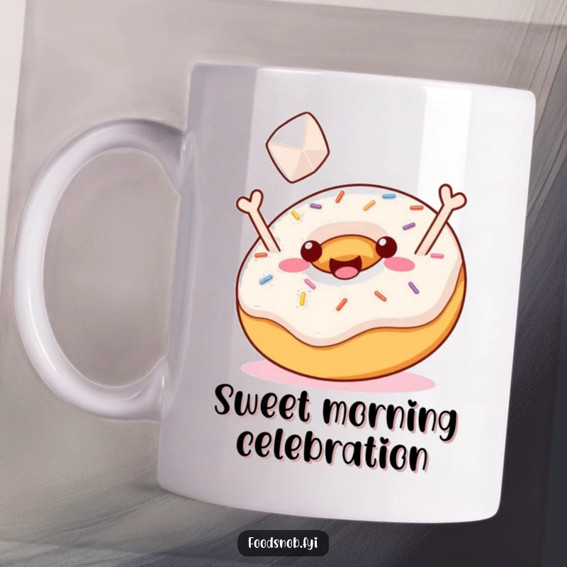 Funny Mug: A jubilant donut with sprinkles tossing a tiny sugar cube in the air, symbolizing sweet joy and humor, perfect for a funny gift.