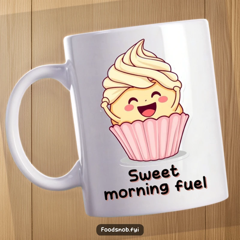 Funny mug featuring a smiling cupcake character happily frosting a larger cupcake, radiating pure baking joy and sweetness.