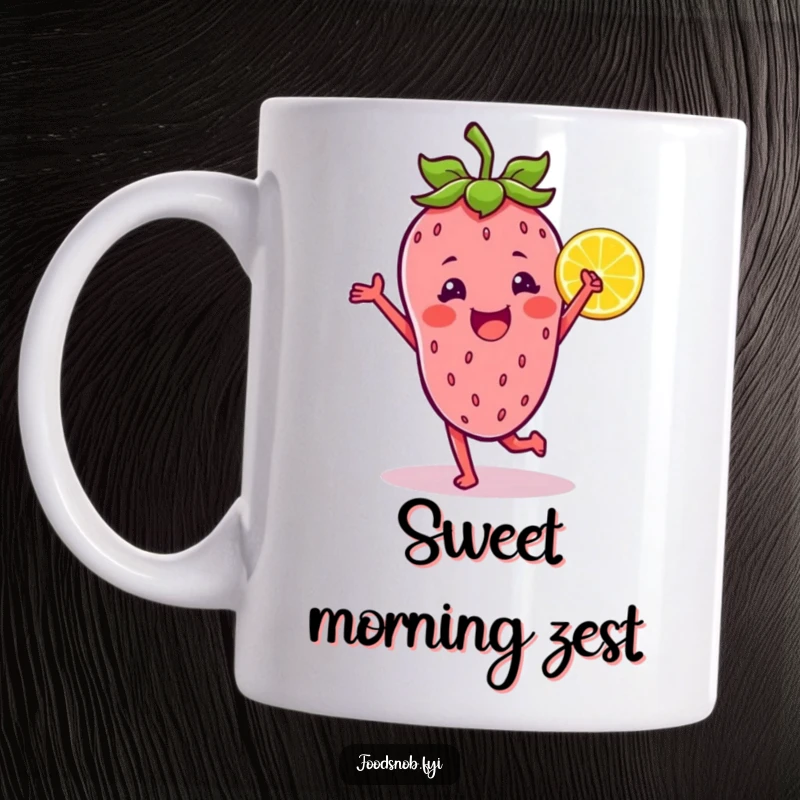 Funny mug showing a happy strawberry character joyfully dancing with a smiling lemon wedge, embodying fun and friendship.