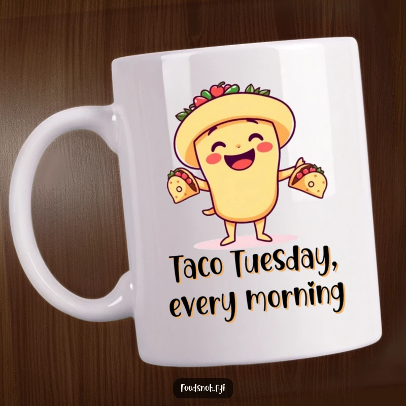 Funny mug featuring a cheerful taco character expertly juggling three tiny tacos, celebrating culinary skills and Mexican food delight.