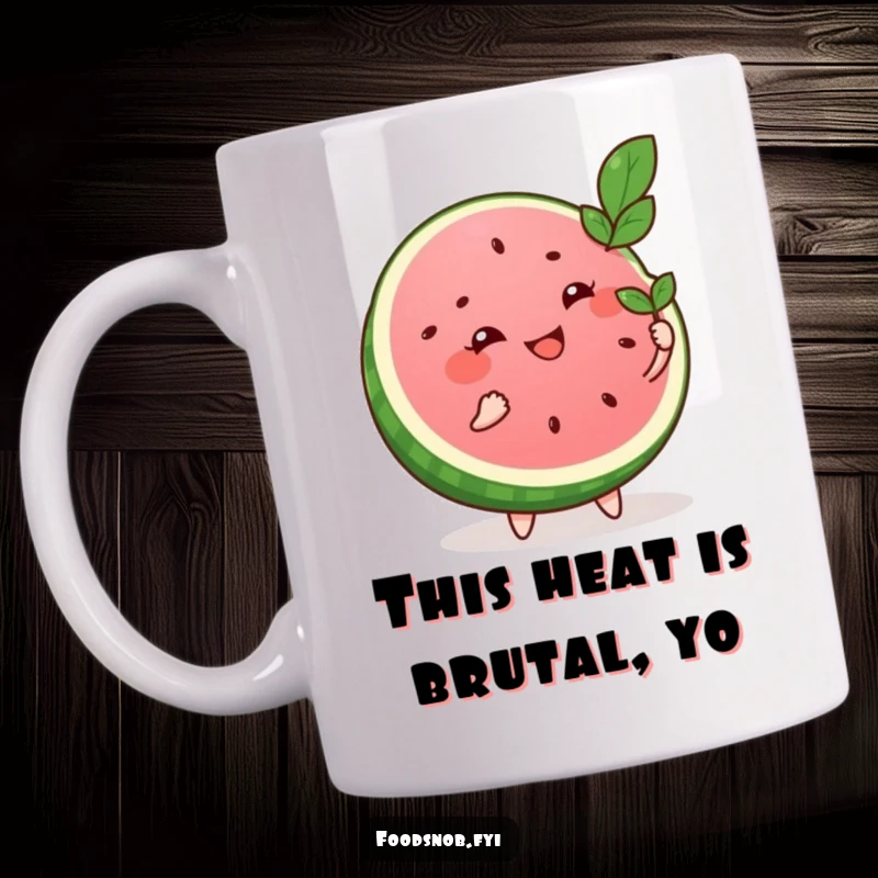 Funny mug featuring a smiling watermelon slice character fanning itself with a tiny leaf, radiating summer joy and coolness.
