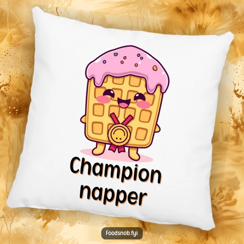Funny Pillow: A smiling, proud waffle receiving a tiny medal, offering comfort and humorous celebration, perfect for a funny gift.