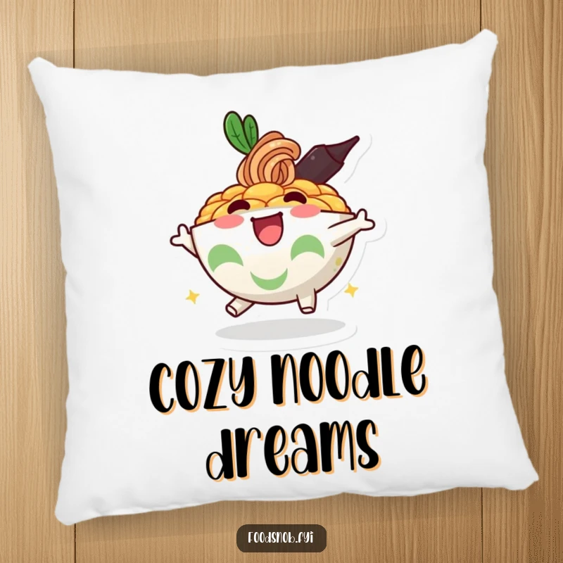 Funny pillow featuring a cute, bouncy ramen bowl character radiating happiness and comfort, perfect for relaxation.
