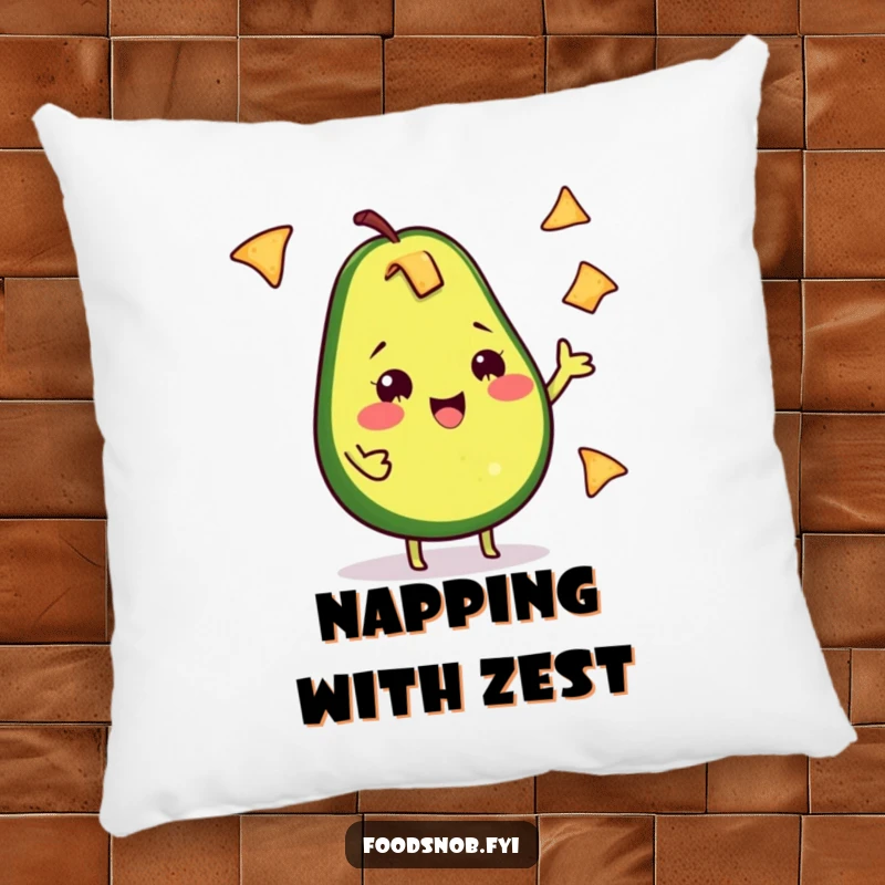 Funny Avocado Pillow: A plush pillow depicts a happy avocado juggling tiny tortilla chips, radiating pure fun.