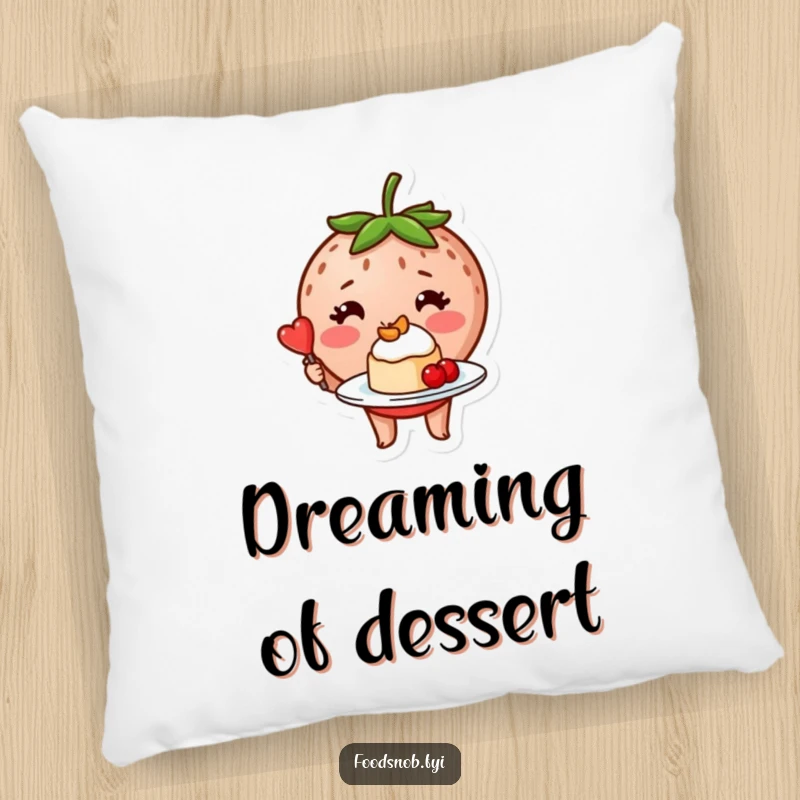 Funny blushing strawberry character proudly presenting a tiny, perfectly plated dessert on a soft, decorative pillow.